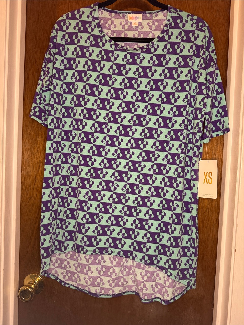 LuLaRoe Purple and Aqua Geometric Short Sleeve Tee